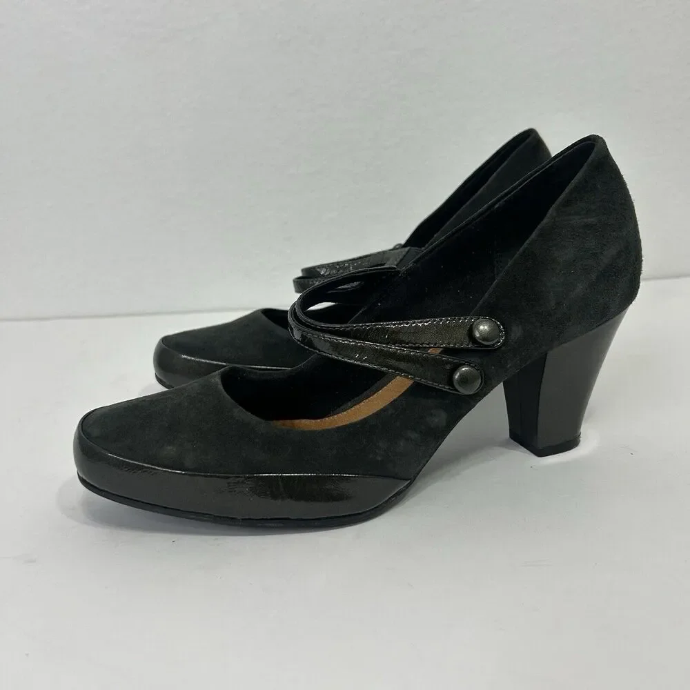 Clarks Diamond Suede Patent Leather Black Double Strap Mary Jane Heels Size 10M - Picture 3 of 7